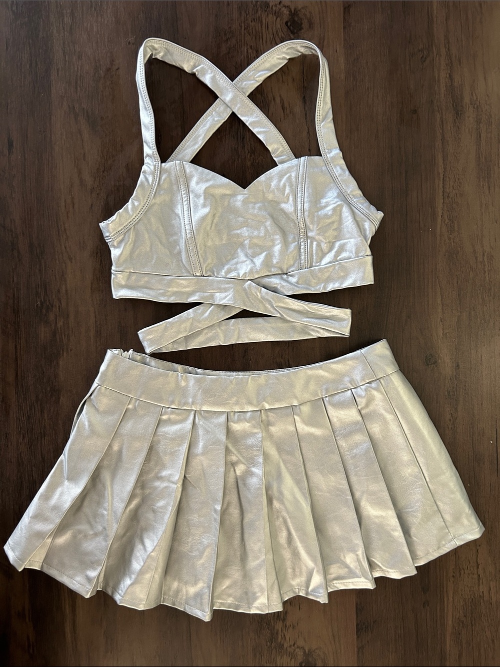 Metallic Silver Pleated Skirt Cutout Crop & Skirt set